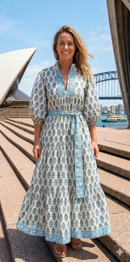 Cream Teal Floral Hand Block Print Cotton Maxi Dress – Boho Puff Sleeve Tiered Summer Dress