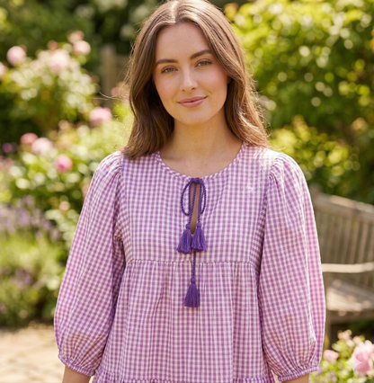Lavender Gingham Cotton Mini Dress – Boho Tiered Puff Sleeve Tassel Tie Neck
