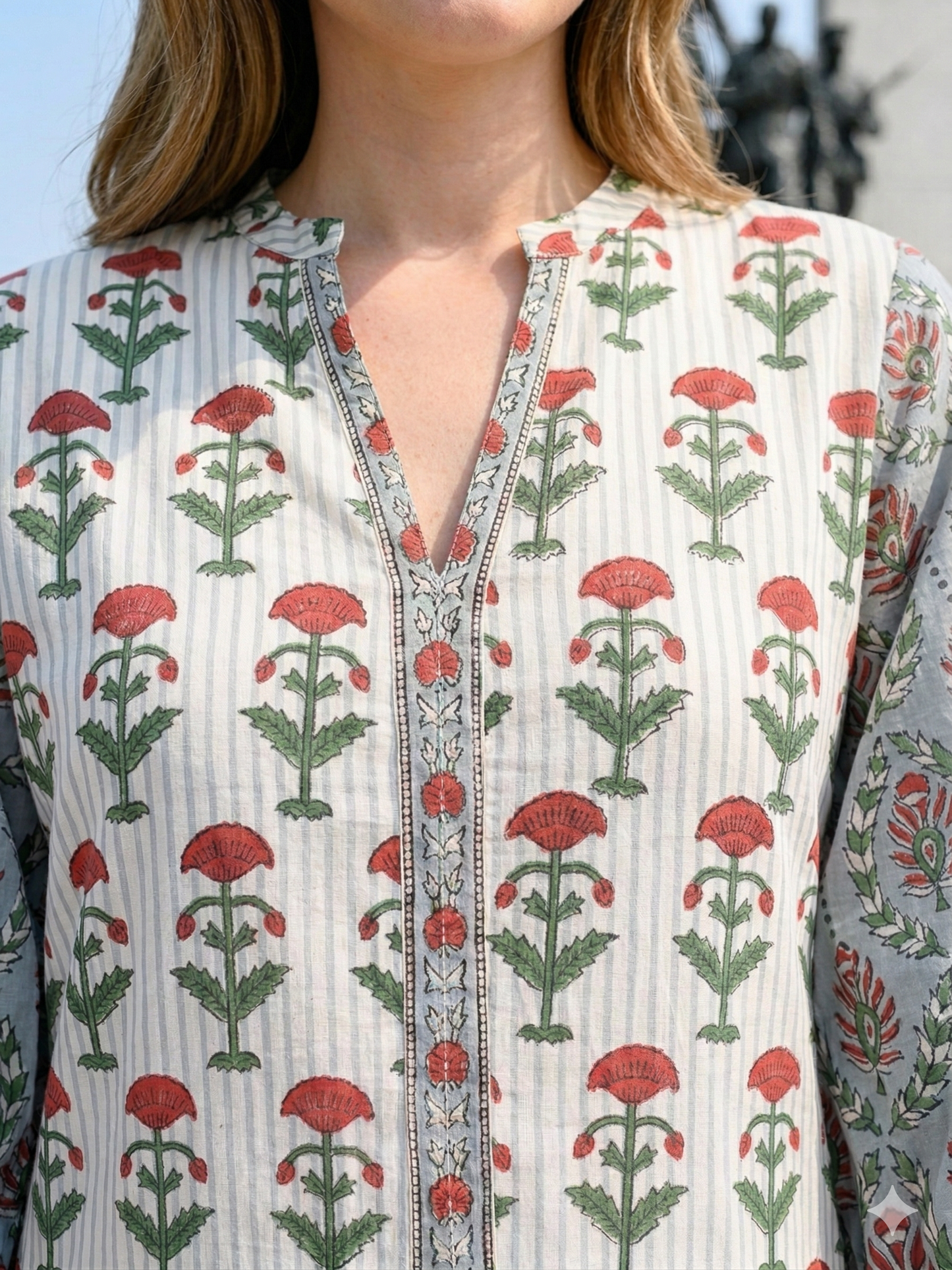 Sage Green Hand Block Print Cotton Maxi Dress – Boho Tiered V Neck Puff Sleeve