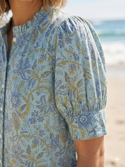 Sage Blue Floral Hand Block Print Cotton Maxi Dress – Boho Summer Dress with Puff Sleeves