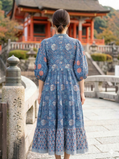 Blue Floral Hand Block Print Cotton Maxi Dress – Indian Boho Tiered Dress with Puff Sleeves