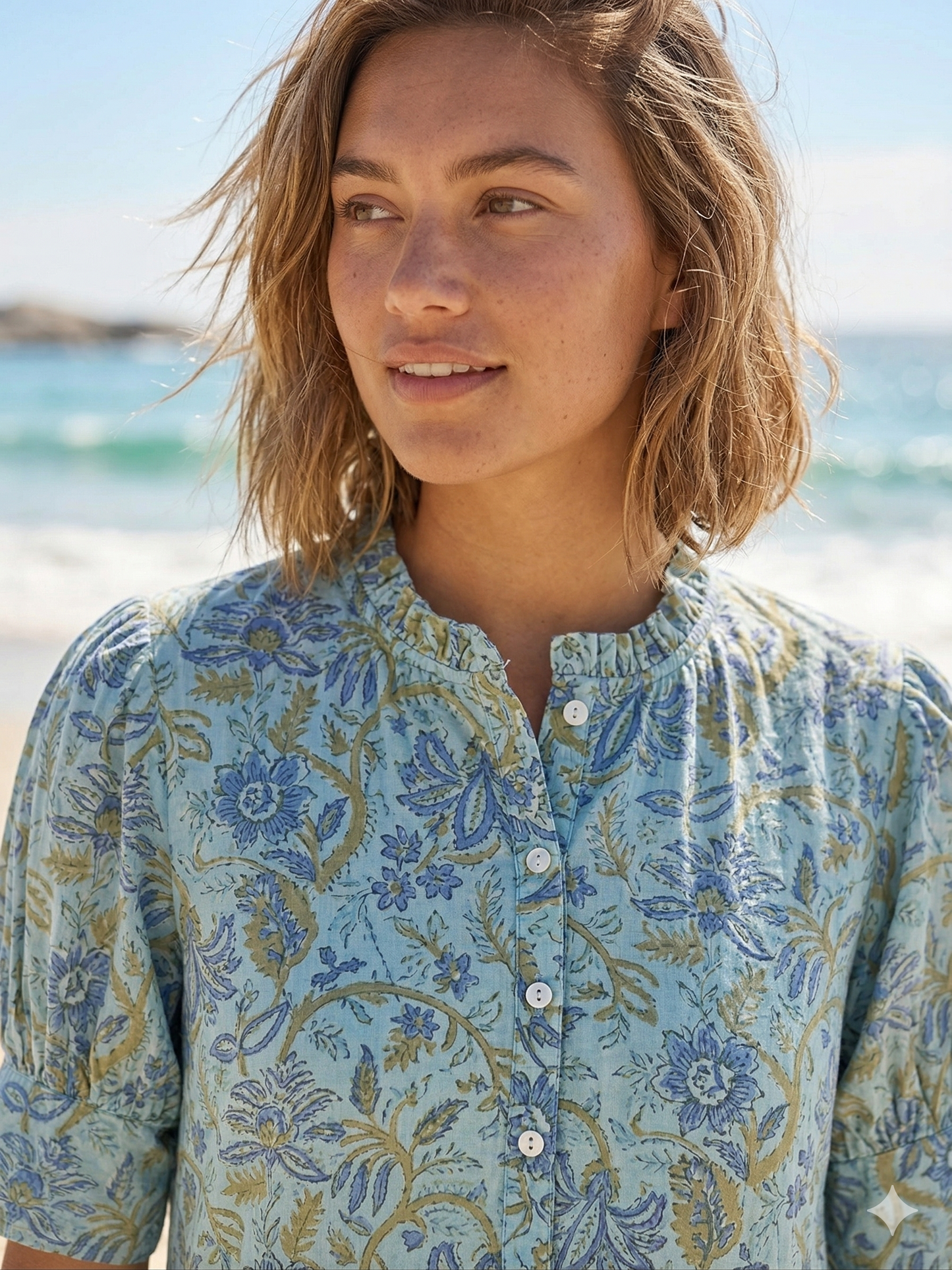 Sage Blue Floral Hand Block Print Cotton Maxi Dress – Boho Summer Dress with Puff Sleeves