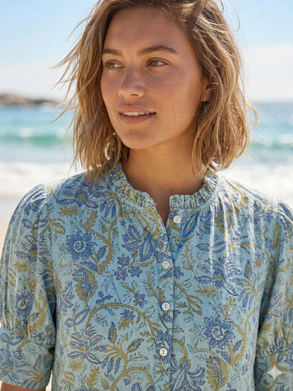 Sage Blue Floral Hand Block Print Cotton Maxi Dress – Boho Summer Dress with Puff Sleeves