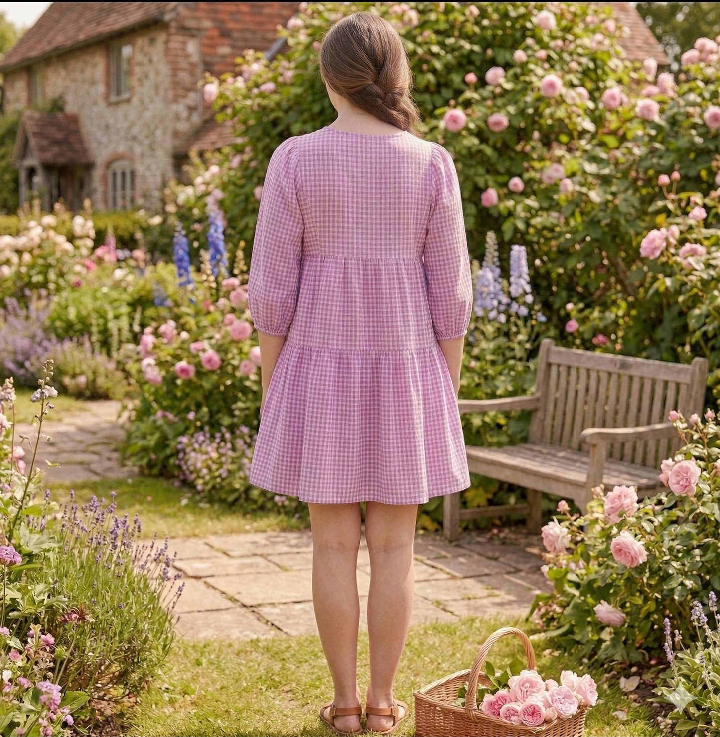 Lavender Gingham Cotton Mini Dress – Boho Tiered Puff Sleeve Tassel Tie Neck