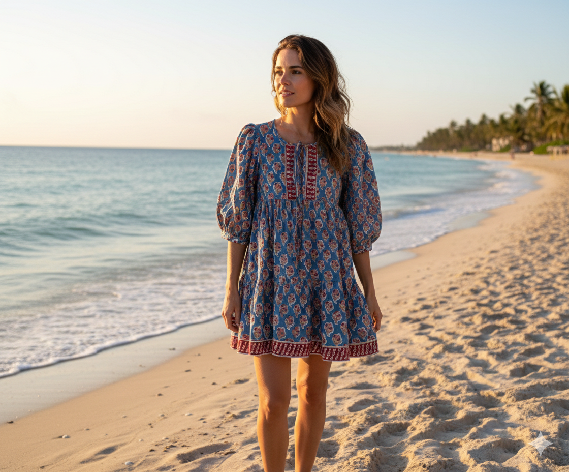 Blue Red Floral Hand Block Printed Cotton Midi Dress – Boho Indian Tiered Dress