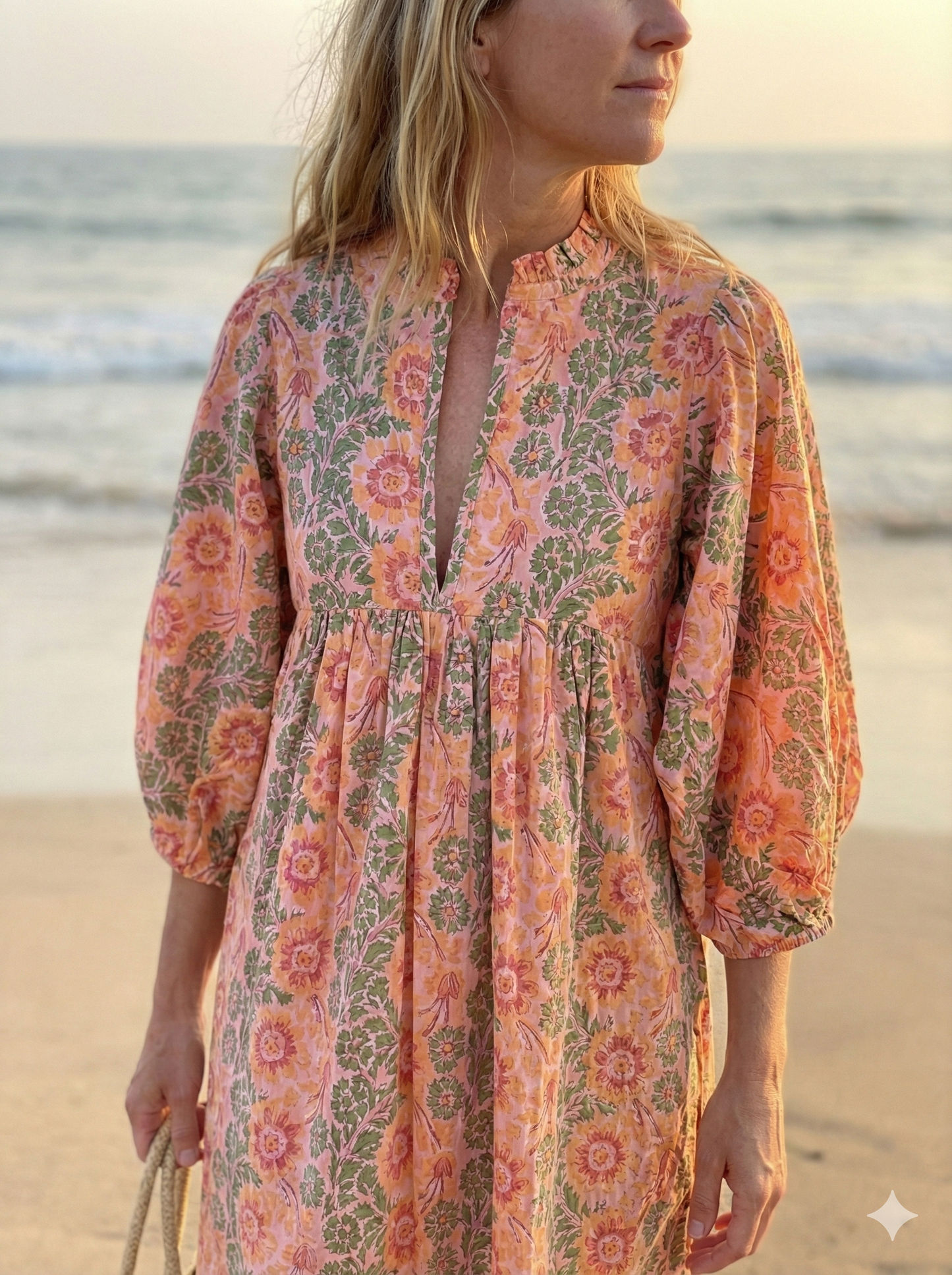 Peach Floral Hand Block Printed Cotton Mini Dress – Puff Sleeve Boho Summer Dress