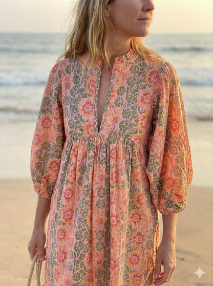 Peach Floral Hand Block Printed Cotton Mini Dress – Puff Sleeve Boho Summer Dress