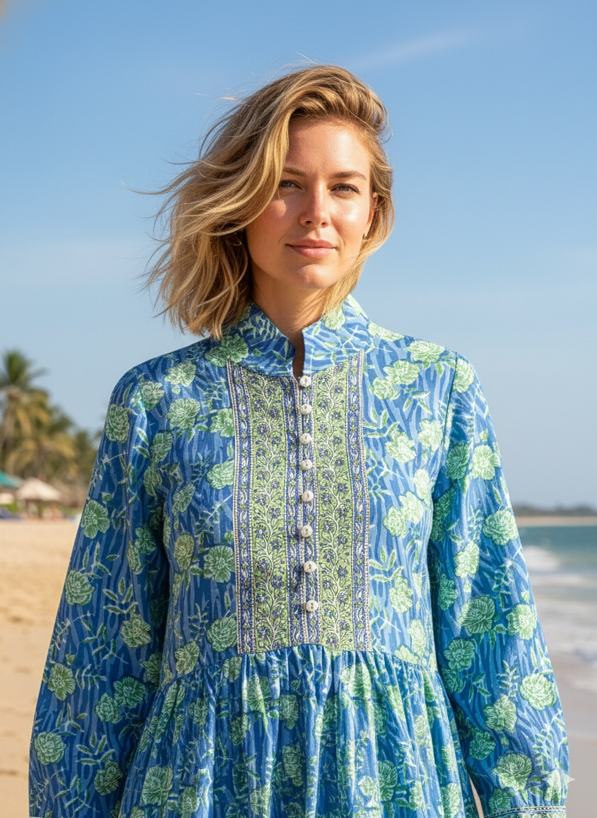 Blue Floral Hand Block Printed Cotton Maxi Dress – Long Sleeve Bohemian Dress