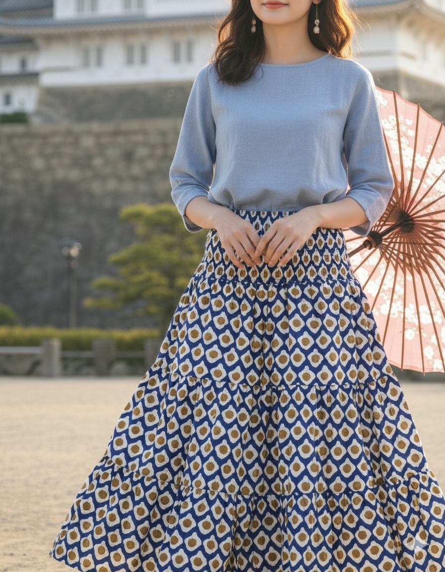 Blue Mustard Geometric Hand Block Printed Cotton Maxi Skirt – Tiered Boho Elastic Waist Summer Skirt