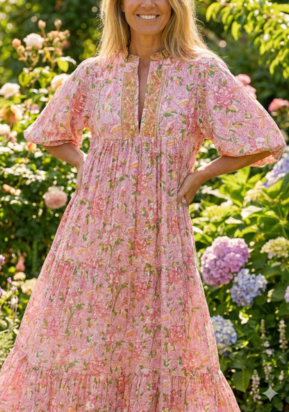 Blush Pink Floral Block Print Cotton Dress – Boho Tiered Maxi Dress