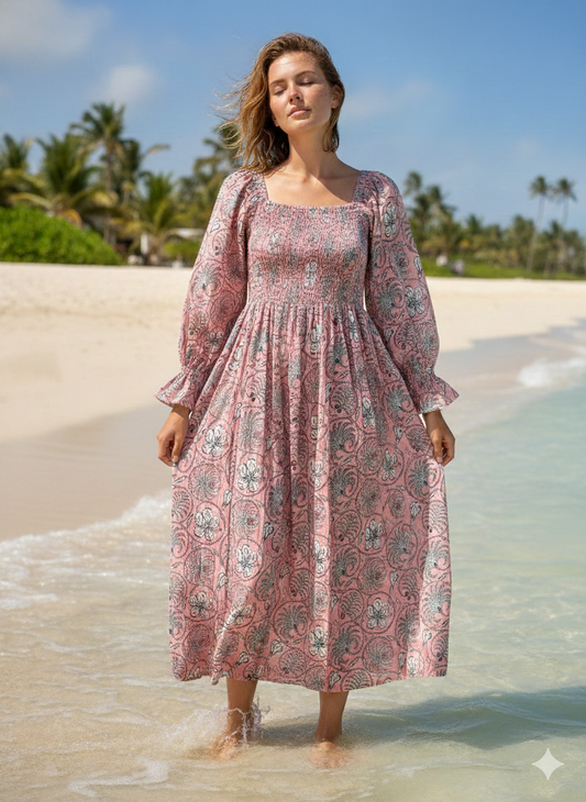Pink Floral Hand Block Printed Cotton Midi Dress – Smocked Bodice Puff Sleeve Boho Dress