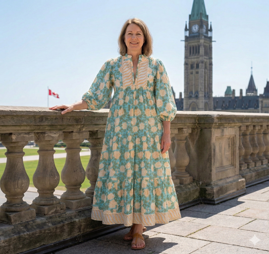 Sea Green Floral Hand Block Printed Cotton Maxi Dress – Boho Puff Sleeve Dress