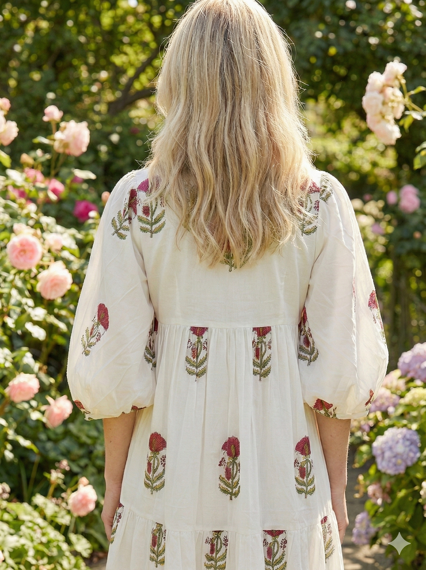 Ivory Floral Block Print Cotton Midi Dress – Boho Handmade Tiered Dress with Puff Sleeves & Contrast Yoke