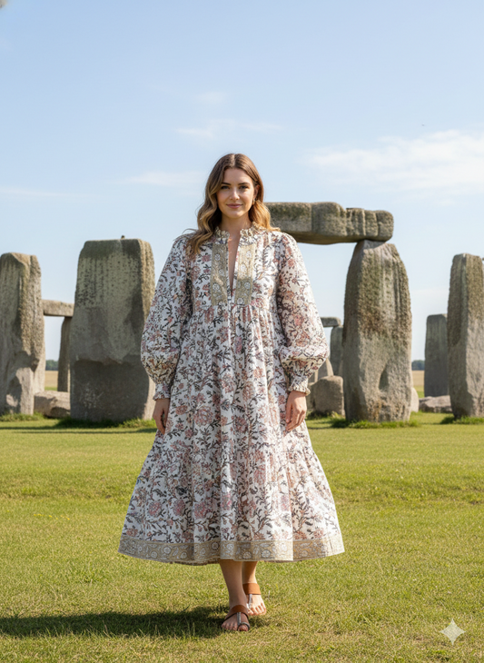 Ivory Pink Floral Hand Block Printed Cotton Midi Dress – Puff Sleeve Boho Indian Dress