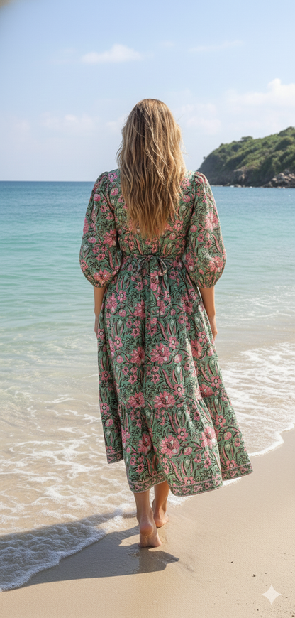 Green Pink Floral Block Print Cotton Midi Dress – Boho Handmade Tiered Dress with Puff Sleeves & Contrast Yoke