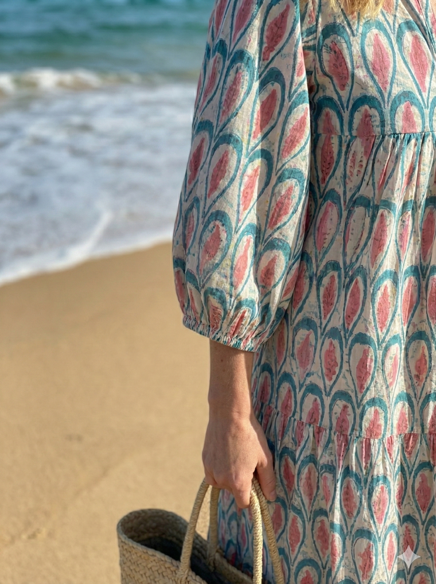 Teal Block Print Cotton Puff Sleeve Tiered Dress