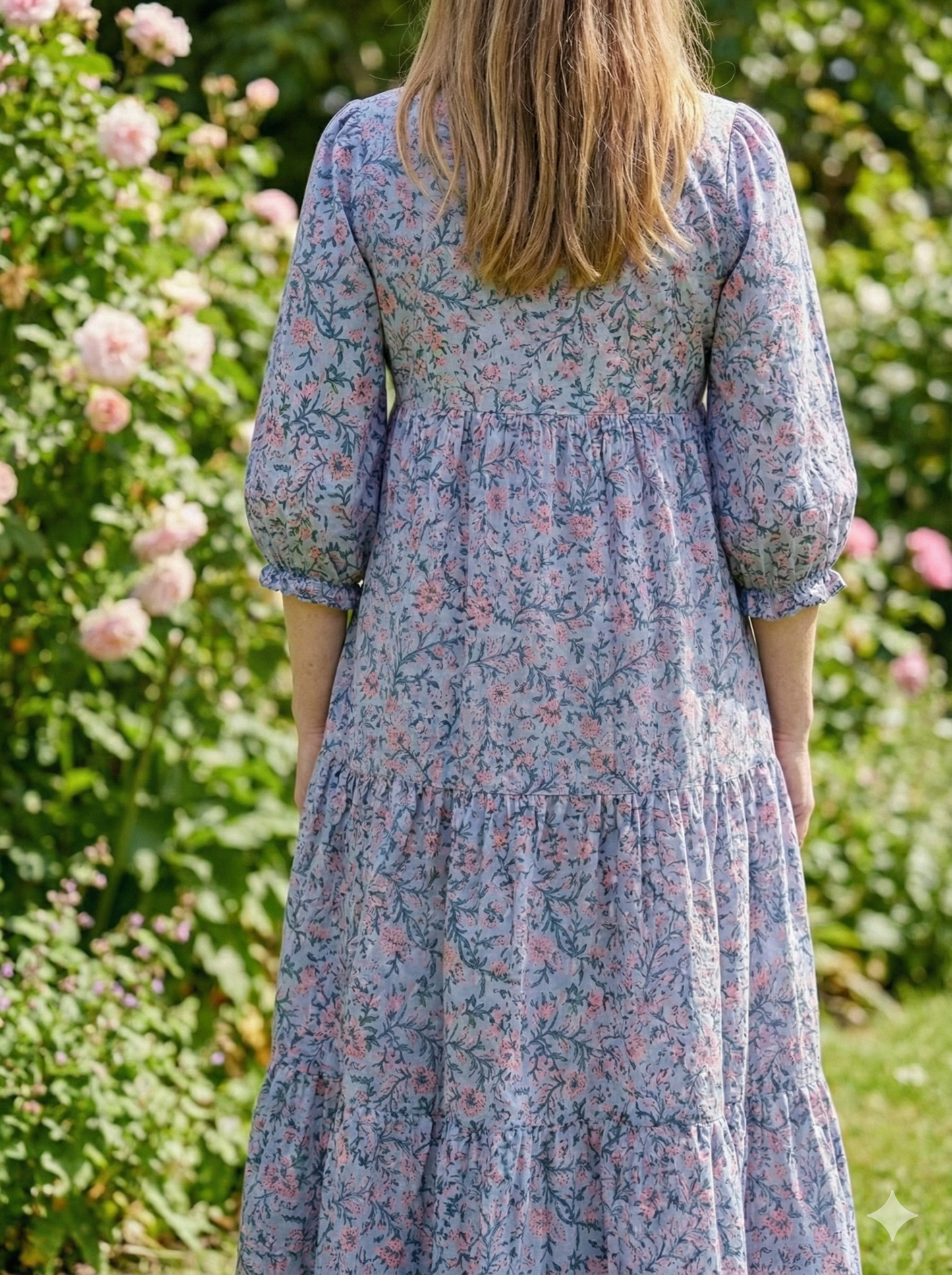 Grey Blue Pink Floral Hand Block Printed Cotton Maxi Dress – Indian Boho Tiered Long Dress