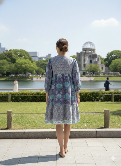 Lavender Purple Floral Hand Block Printed Cotton Mini Dress – Puff Sleeve Boho Indian Dress