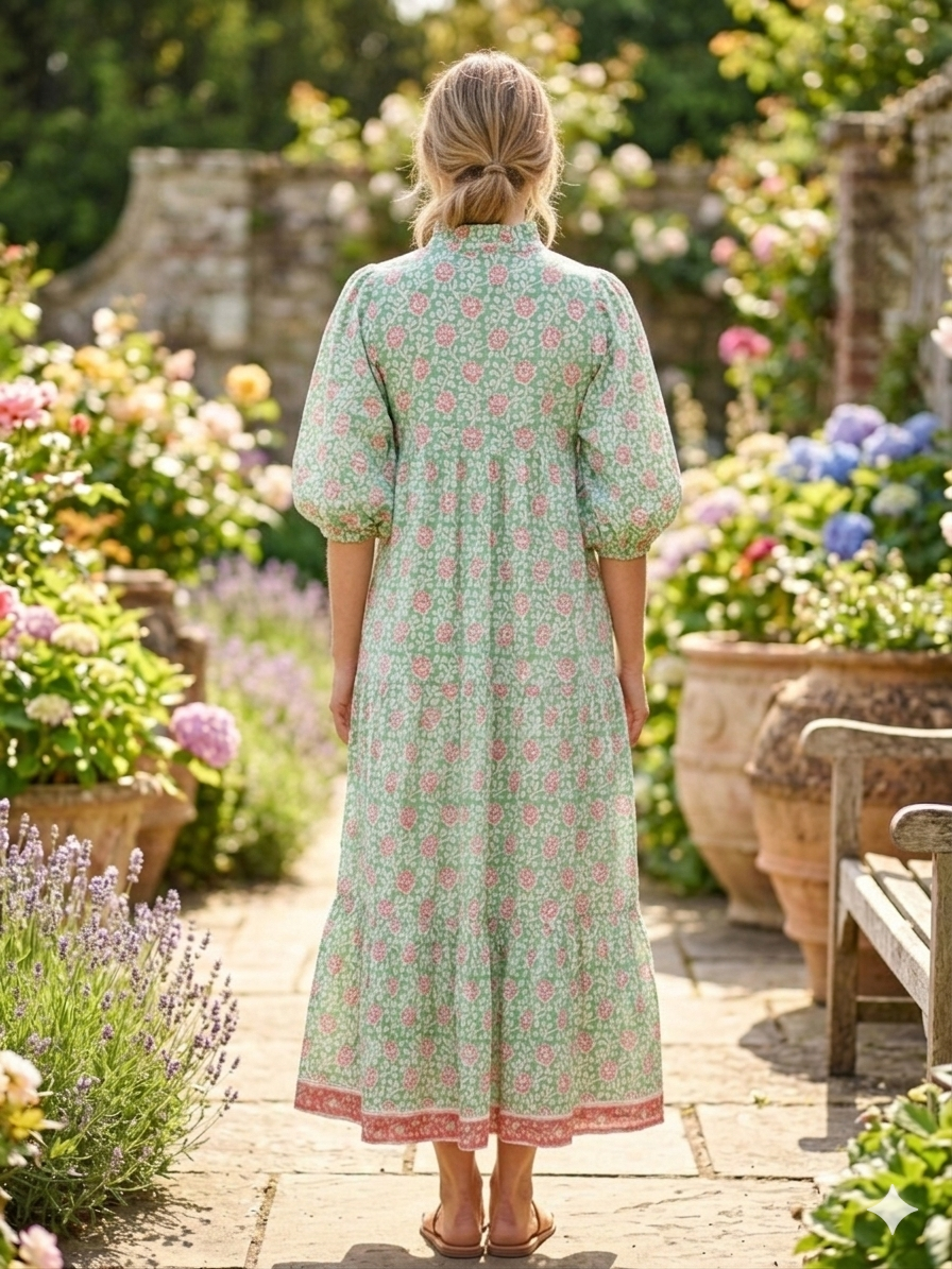 Green Coral Floral Hand Block Print Cotton Maxi Dress – Boho Puff Sleeve Tiered Summer