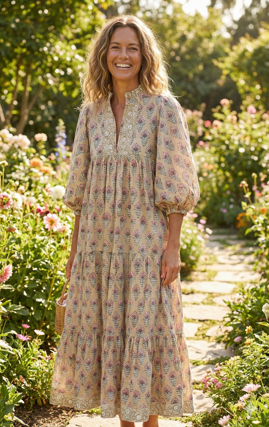 Beige Pink Floral Hand Block Printed Cotton Maxi Dress – Boho Tiered Indian Long Dress
