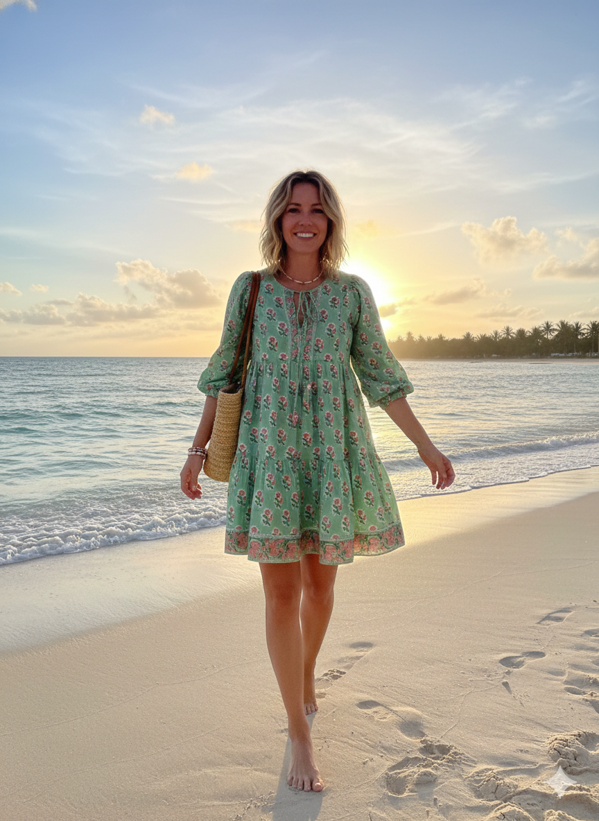 Sage Green Pink Floral Hand Block Printed Cotton Mini Dress – Puff Sleeve Boho Indian Dress