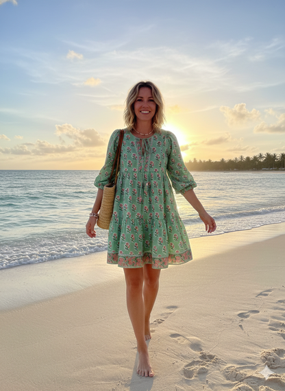 Sage Green Pink Floral Hand Block Printed Cotton Mini Dress – Puff Sleeve Boho Indian Dress