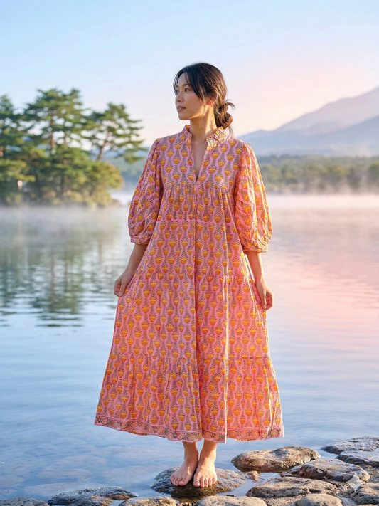 Pink Mustard Floral Hand Block Print Cotton Maxi Dress – Boho Puff Sleeve Tiered Summer Dress