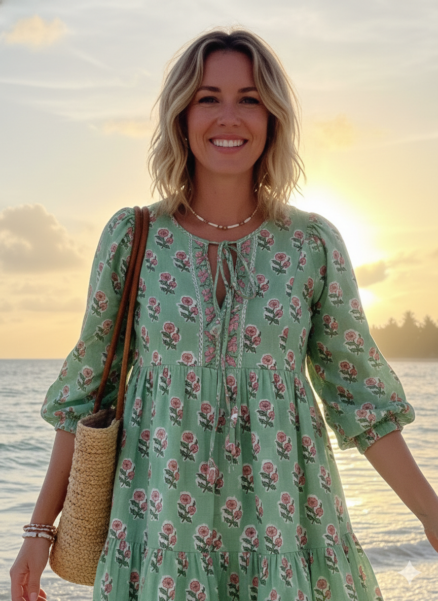 Sage Green Pink Floral Hand Block Printed Cotton Mini Dress – Puff Sleeve Boho Indian Dress