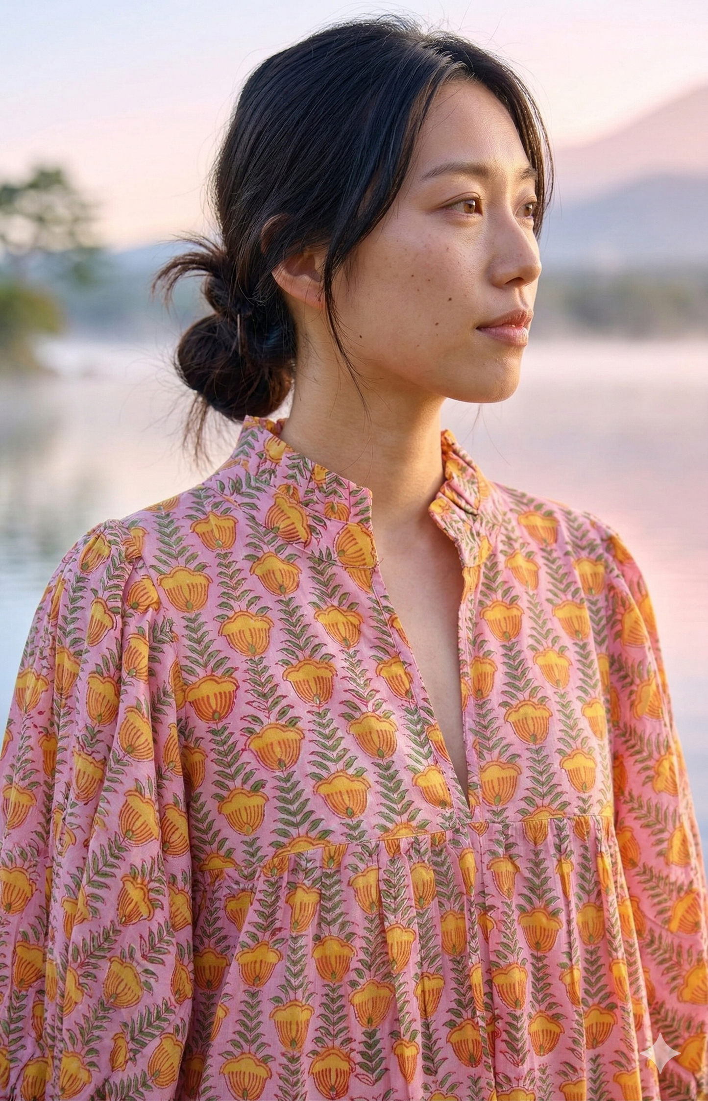 Pink Mustard Floral Hand Block Print Cotton Maxi Dress – Boho Puff Sleeve Tiered Summer Dress