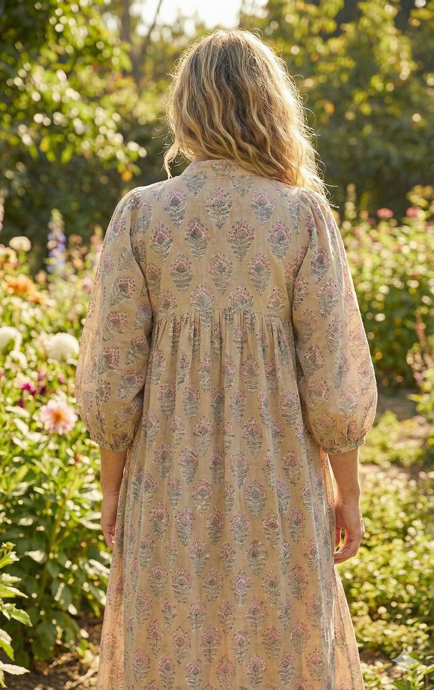 Beige Pink Floral Hand Block Printed Cotton Maxi Dress – Boho Tiered Indian Long Dress