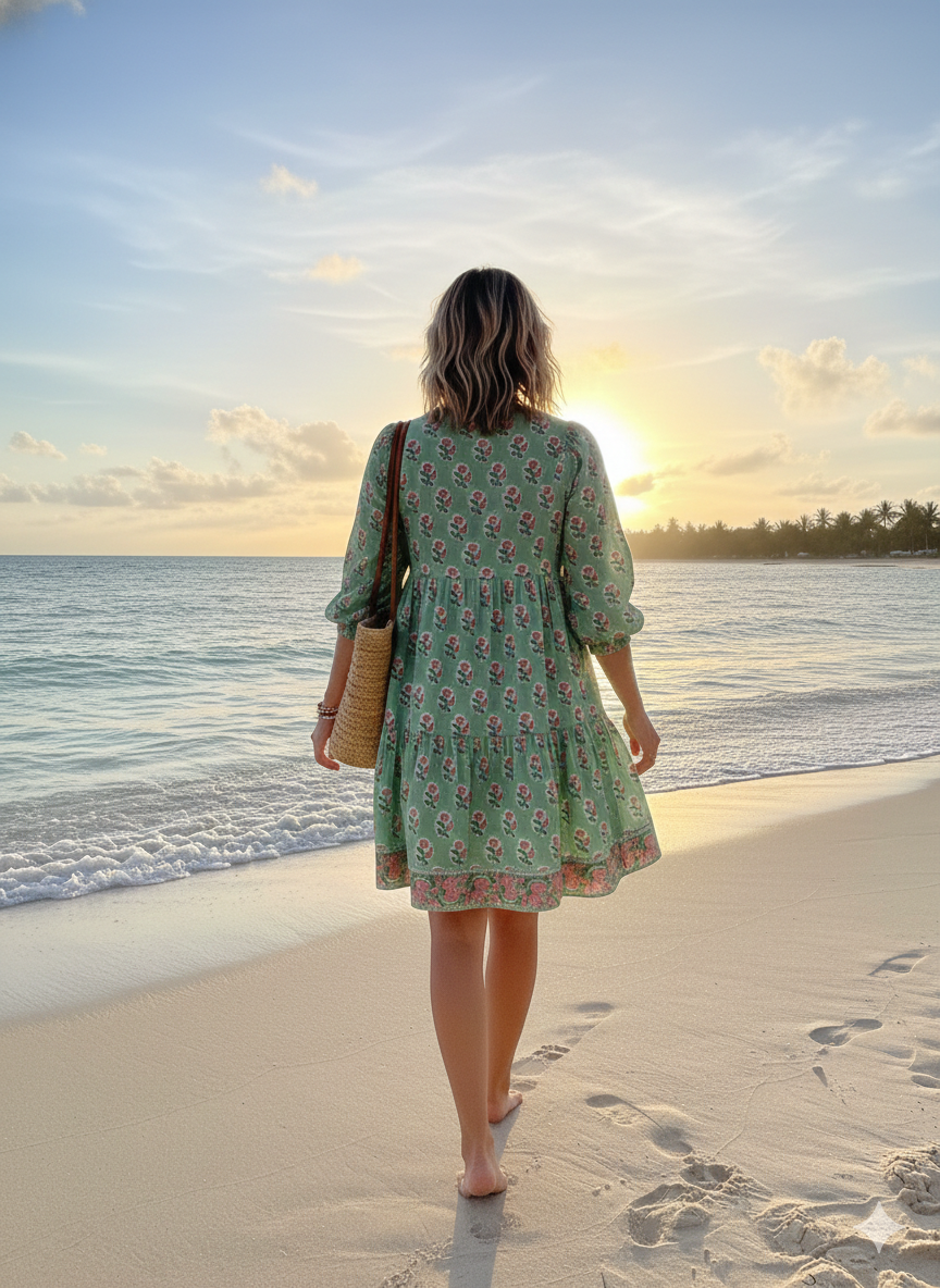 Sage Green Pink Floral Hand Block Printed Cotton Mini Dress – Puff Sleeve Boho Indian Dress