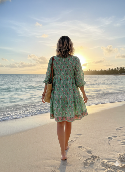 Sage Green Pink Floral Hand Block Printed Cotton Mini Dress – Puff Sleeve Boho Indian Dress