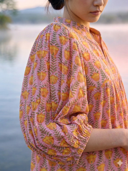 Pink Mustard Floral Hand Block Print Cotton Maxi Dress – Boho Puff Sleeve Tiered Summer Dress