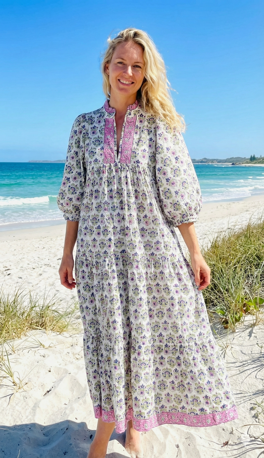 Ivory Pink Blue Floral Hand Block Printed Cotton Maxi Dress – Boho Tiered Indian Long Dress
