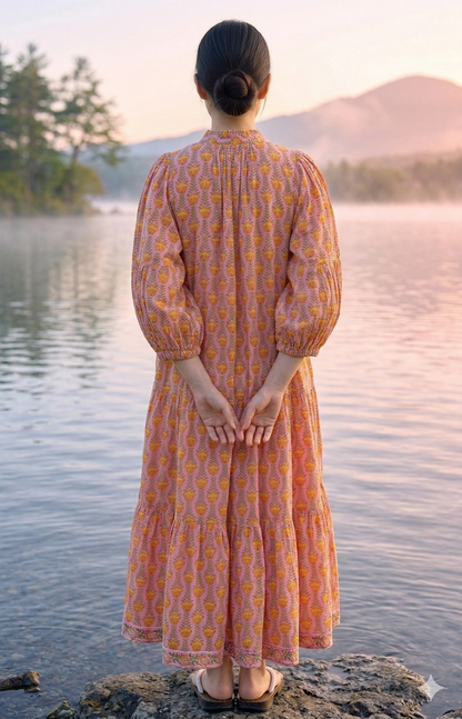 Pink Mustard Floral Hand Block Print Cotton Maxi Dress – Boho Puff Sleeve Tiered Summer Dress