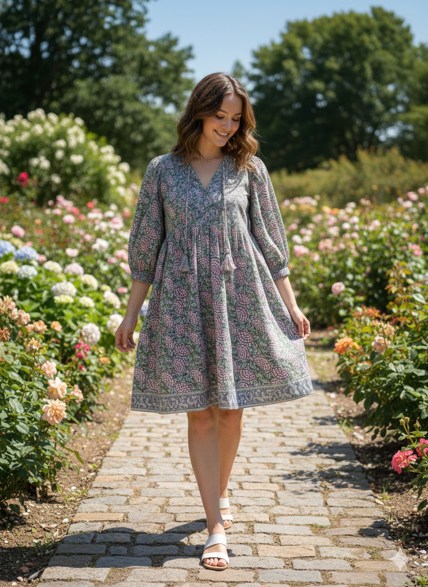 Sage Green Pink Floral Hand Block Printed Cotton Mini Dress – Puff Sleeve Boho Indian Dress