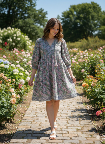 Sage Green Pink Floral Hand Block Printed Cotton Mini Dress – Puff Sleeve Boho Indian Dress