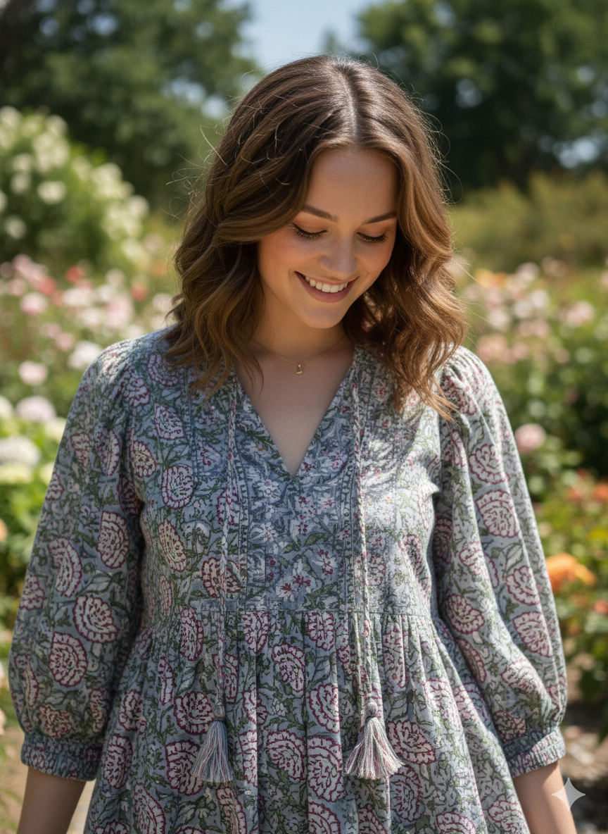 Sage Green Pink Floral Hand Block Printed Cotton Mini Dress – Puff Sleeve Boho Indian Dress