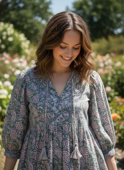 Sage Green Pink Floral Hand Block Printed Cotton Mini Dress – Puff Sleeve Boho Indian Dress