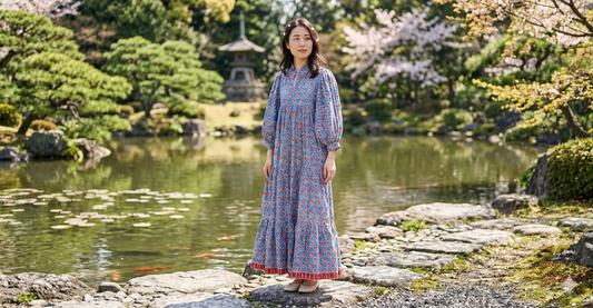 Sky Blue Red Floral Hand Block Print Cotton Maxi Dress – Boho Tiered Summer Style