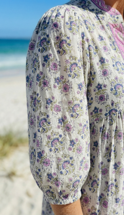 Ivory Pink Blue Floral Hand Block Printed Cotton Maxi Dress – Boho Tiered Indian Long Dress