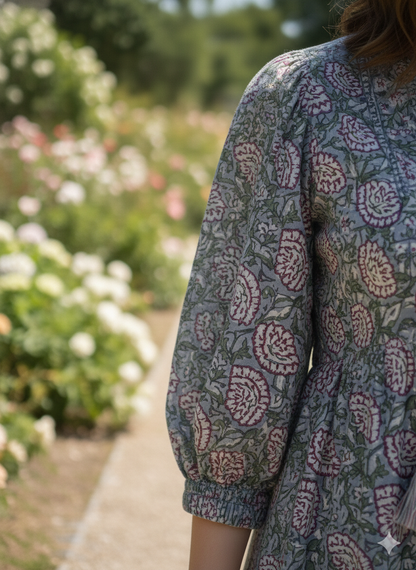 Sage Green Pink Floral Hand Block Printed Cotton Mini Dress – Puff Sleeve Boho Indian Dress