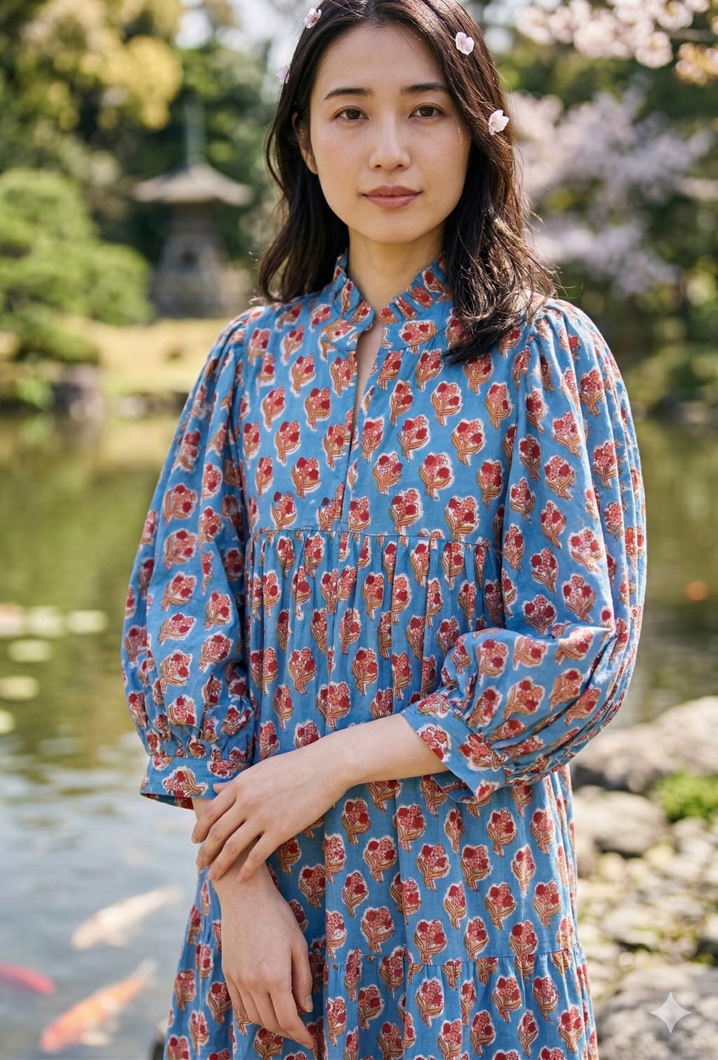 Sky Blue Red Floral Hand Block Print Cotton Maxi Dress – Boho Tiered Summer Style