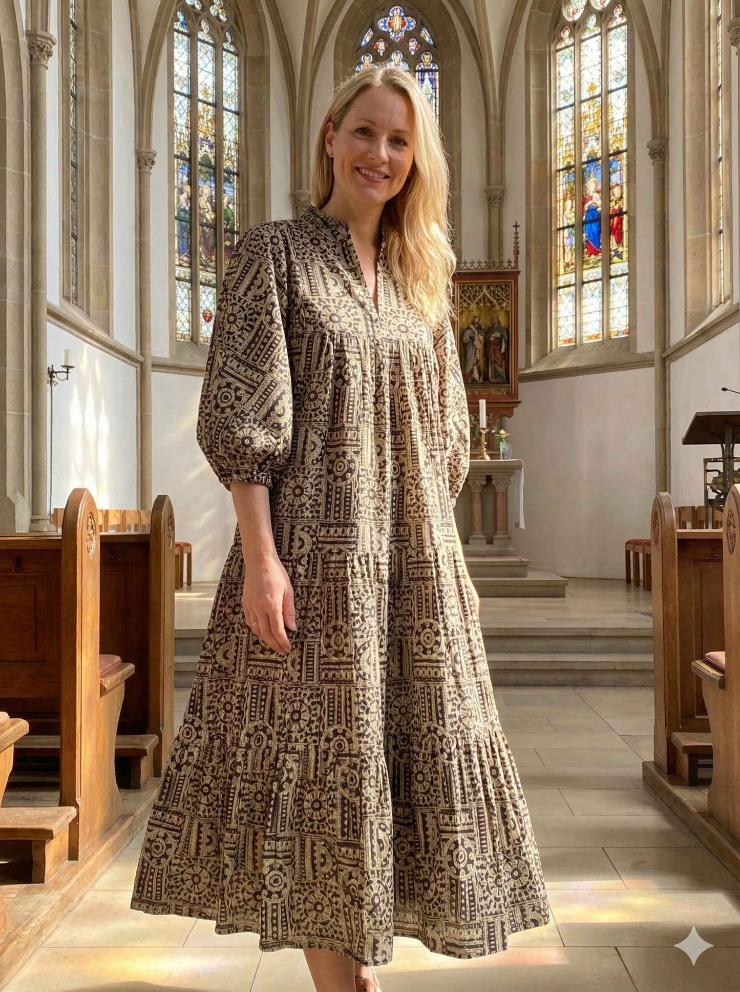 Black Beige Geometric Hand Block Printed Cotton Maxi Dress – Boho Tiered Indian Long Dress