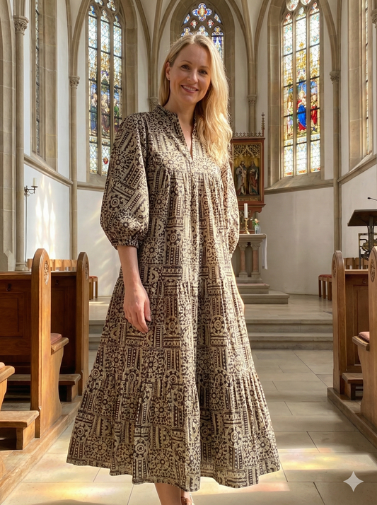 Black Beige Geometric Hand Block Printed Cotton Maxi Dress – Boho Tiered Indian Long Dress