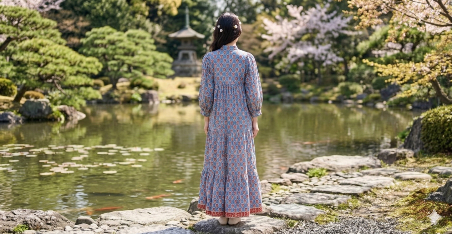 Sky Blue Red Floral Hand Block Print Cotton Maxi Dress – Boho Tiered Summer Style