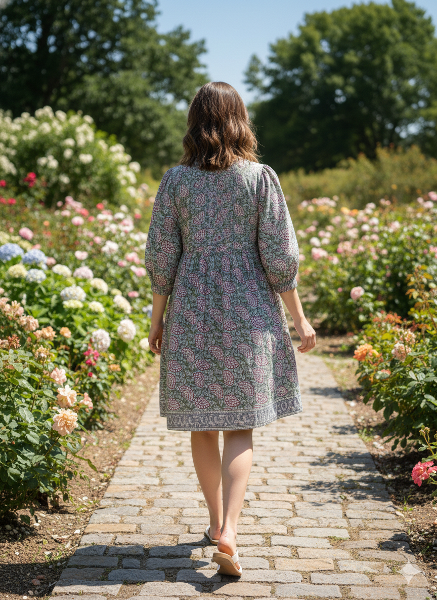 Sage Green Pink Floral Hand Block Printed Cotton Mini Dress – Puff Sleeve Boho Indian Dress