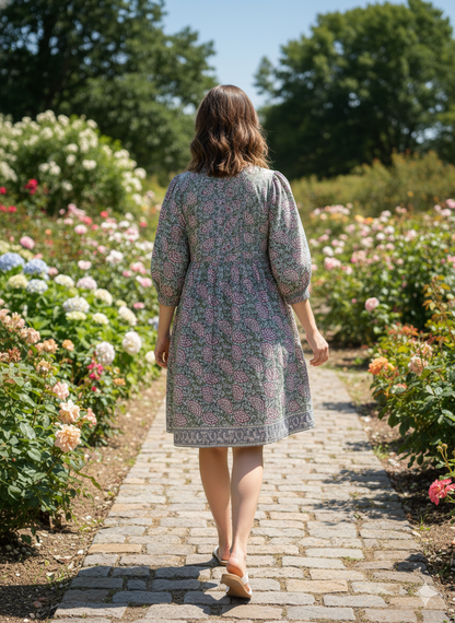 Sage Green Pink Floral Hand Block Printed Cotton Mini Dress – Puff Sleeve Boho Indian Dress