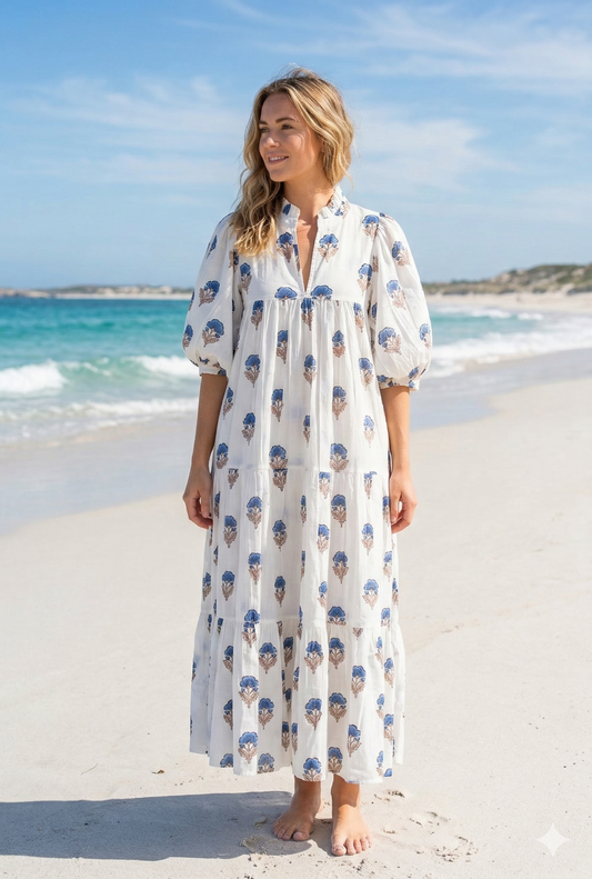 Cream Blue Floral Block Print Cotton Maxi Dress – Indian Boho Puff Sleeve Summer Dress