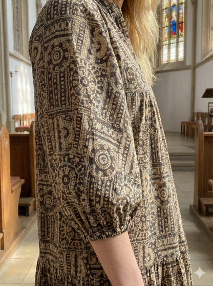 Black Beige Geometric Hand Block Printed Cotton Maxi Dress – Boho Tiered Indian Long Dress